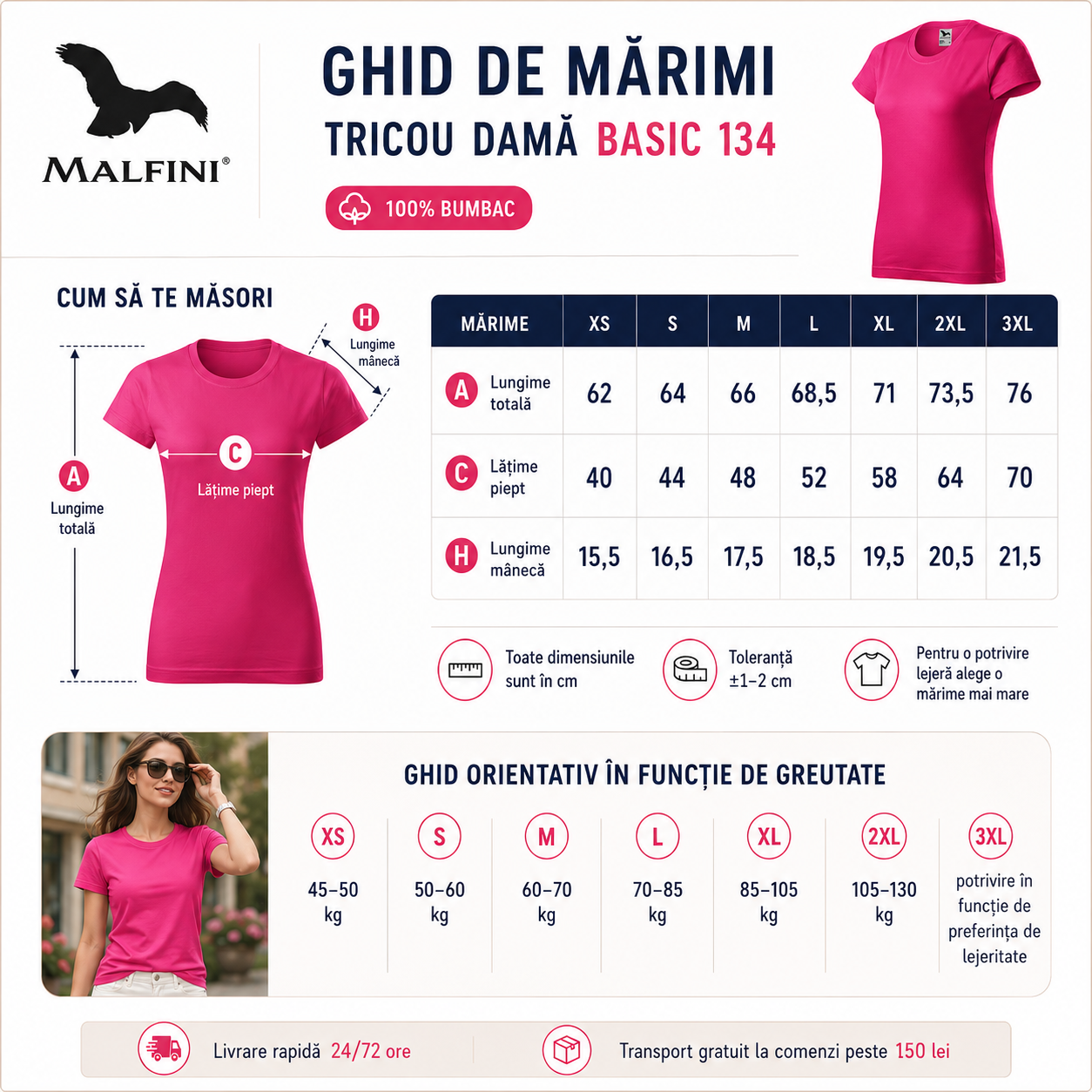 Tricou Damă Simplu Tabel Marimi dimensiuni